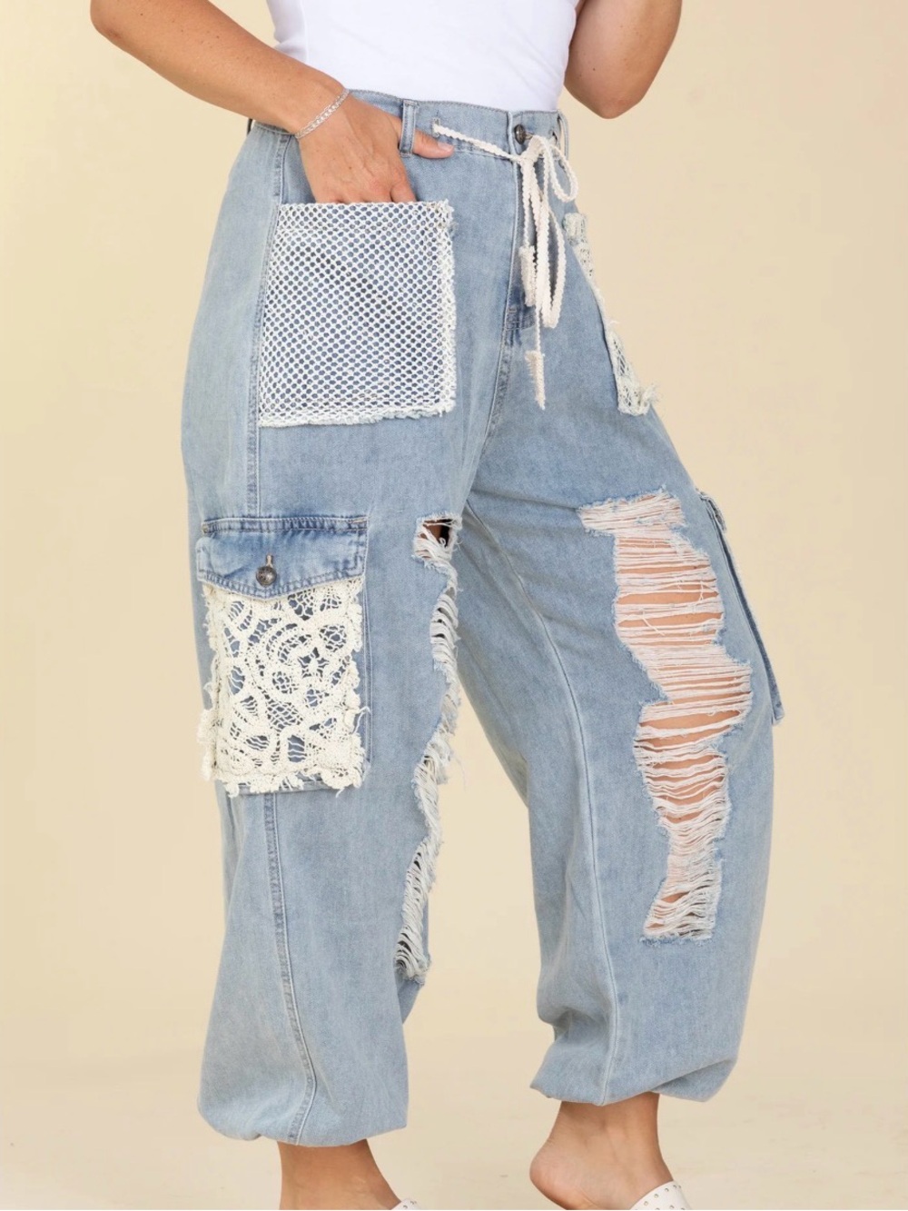 New POL blue/cream patchwork distressed cargo pants